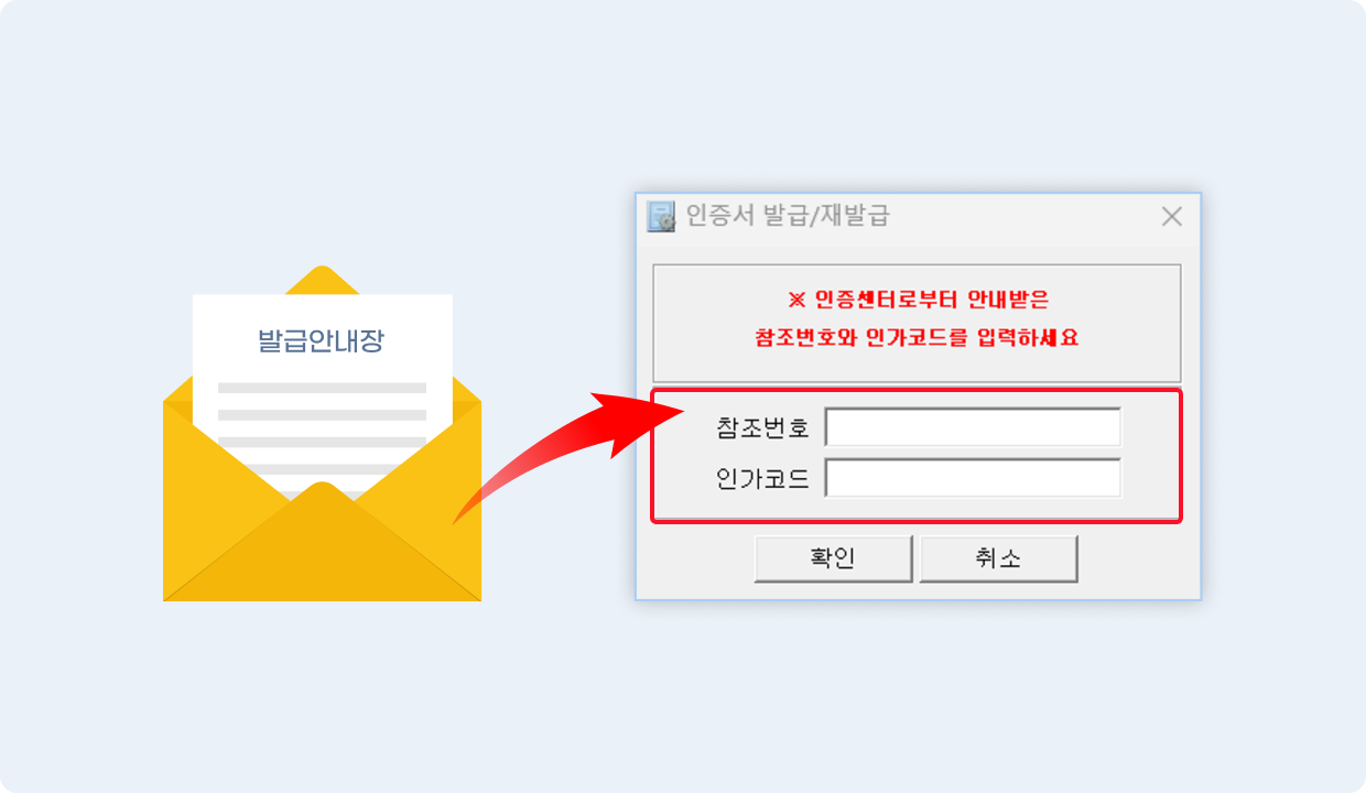 참조번호와 인가코드를 입력하여 인증서를 발급
